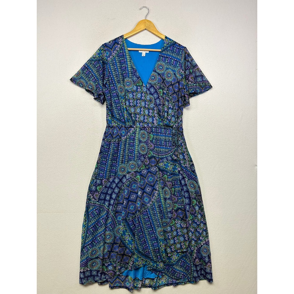 Boho Mandala Susan Graver Womens L Blue Geometric Faux Wrap Dress Liquid Knit